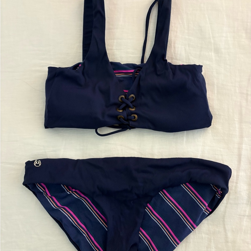 Maaji REVERSIBLE Navy Ribbed Lace-Up Bikini Top and Striped Bottoms